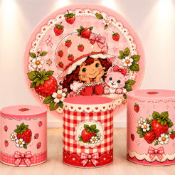 Kit Painel Redondo 1,50 e trio de cilindro padrão tema Moranguinho