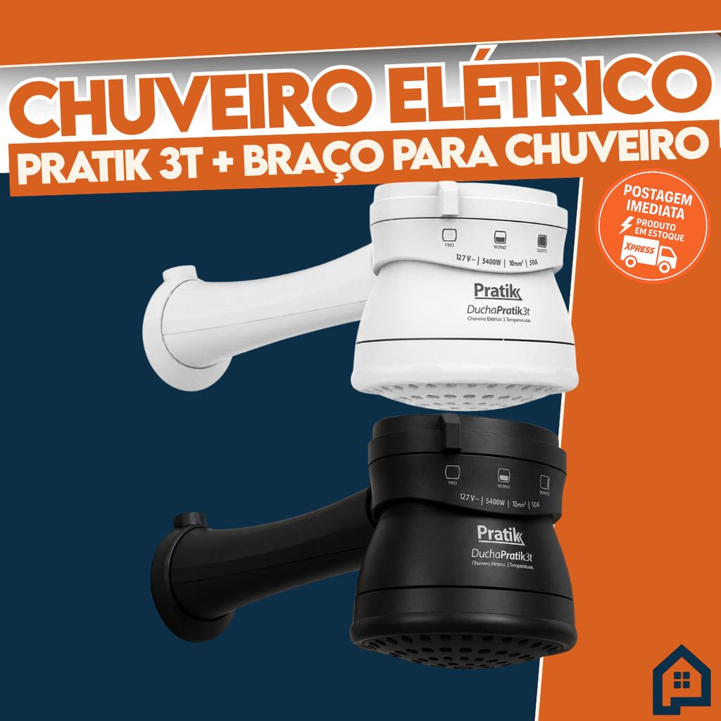 Chuveiro Pratik 3 Temperaturas 4400w/5400W 127V/220V com Braço 30cm ou 40cm