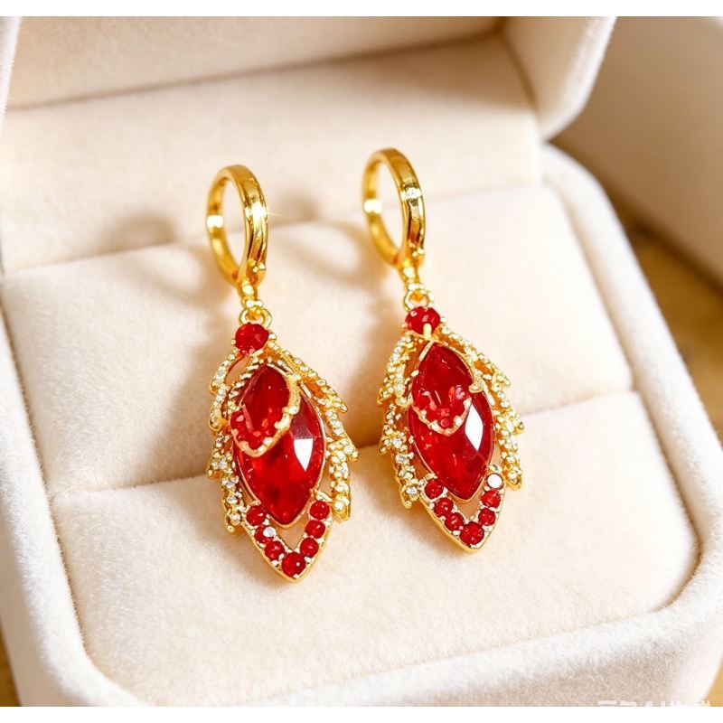 Brincos elegantes femininos, brincos de orelhas de diamante de folhas vermelhas, brincos de orelhas de moda.