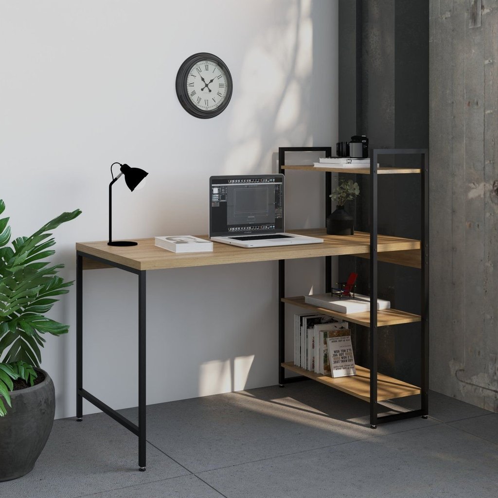 Escrivaninha Mesa Escritório com Estante Estilo Active 3 Prateleiras 135cm Industrial Yescasa Lâmina Mel Marrom