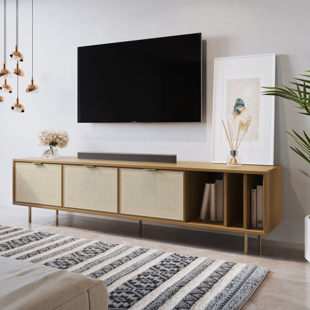 Rack para TV até 75 Polegadas 3 Gavetas com Palhinha Madeira Maciça 180cm Yescasa Marrom 180