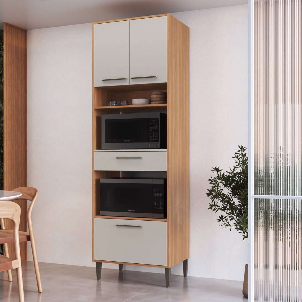 Paneleiro Torre Quente 70cm para Forno e Micro-Ondas 3 Portas 1 Gaveta Jade Colorido/Freijó/Arenas