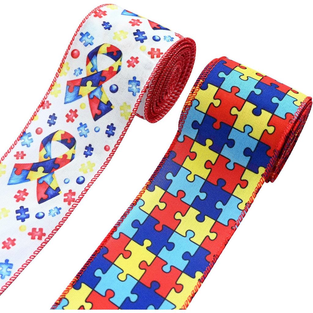2 Rolls 10 Yards Autism Awareness Wired Ribbons for Wreath Bows Wrapping, Colorful Puzzle Piece Ribbon for Charity Campa