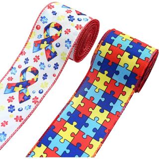 2 Rolls 10 Yards Autism Awareness Wired Ribbons for Wreath Bows Wrapping, Colorful Puzzle Piece Ribbon for Charity Campa