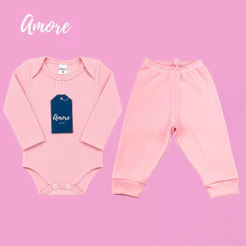 Conjunto Body Manga Longa Amore Rosa e Calça Rosa 100% Algodão