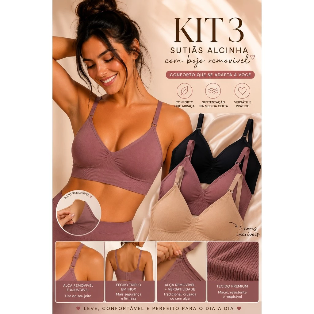 KIT 3 Top Sutiãs Feminino Sem Costura Alça Fina Canelado  Com Bojo Removível Poliamida — imagem 1