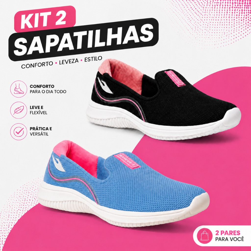 Kit 2 Pares Sapatilha Ortopédica Feminino Tenis Esportivo  Slip Confortável leve Macio Confortável