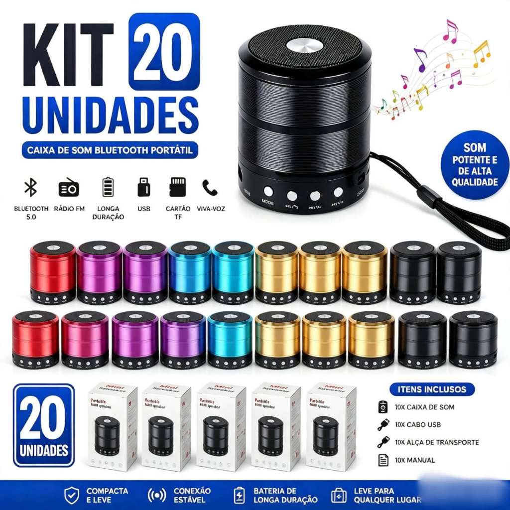 Kit Caixa de Som 887 Bluetooth Portátil Mini 5.0 Sem Fio com Rádio FM, Entrada USB, Cartão TF e Viva-Voz