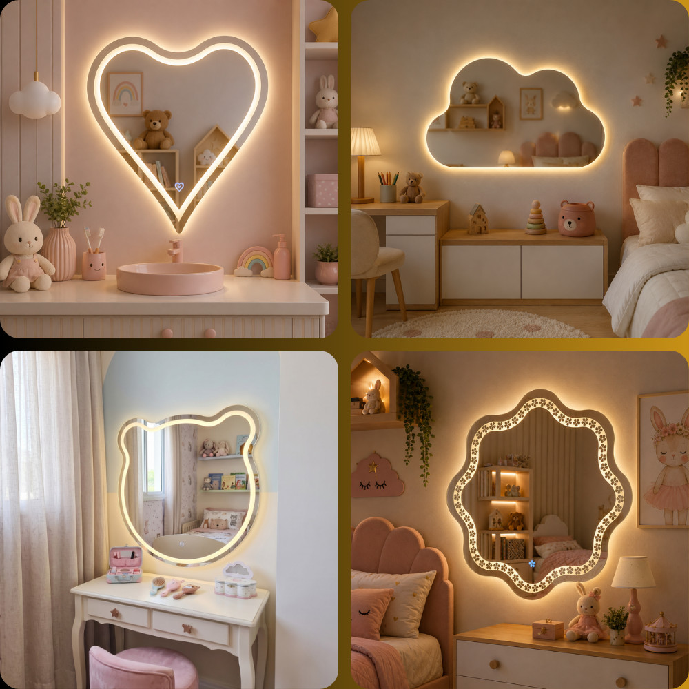 Espelho Infantil 60X60cm 3 Tons de LED Decorativo | Modelos Nuvem, Ursinho, Coração e Flor | Botão Touch Criança · foto 2