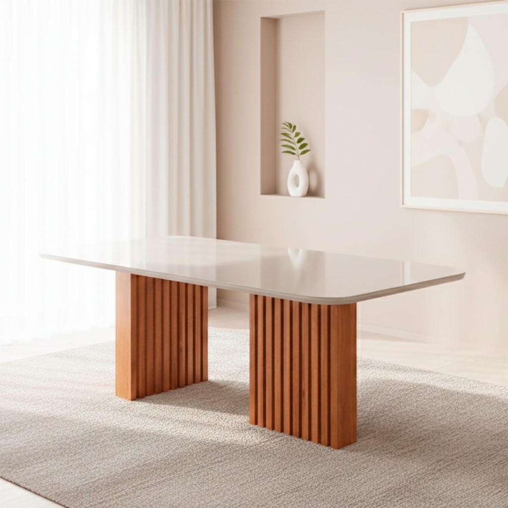 Mesa de Madeira Ester 180 com Vidro Cinamomo/Off White - Cimol