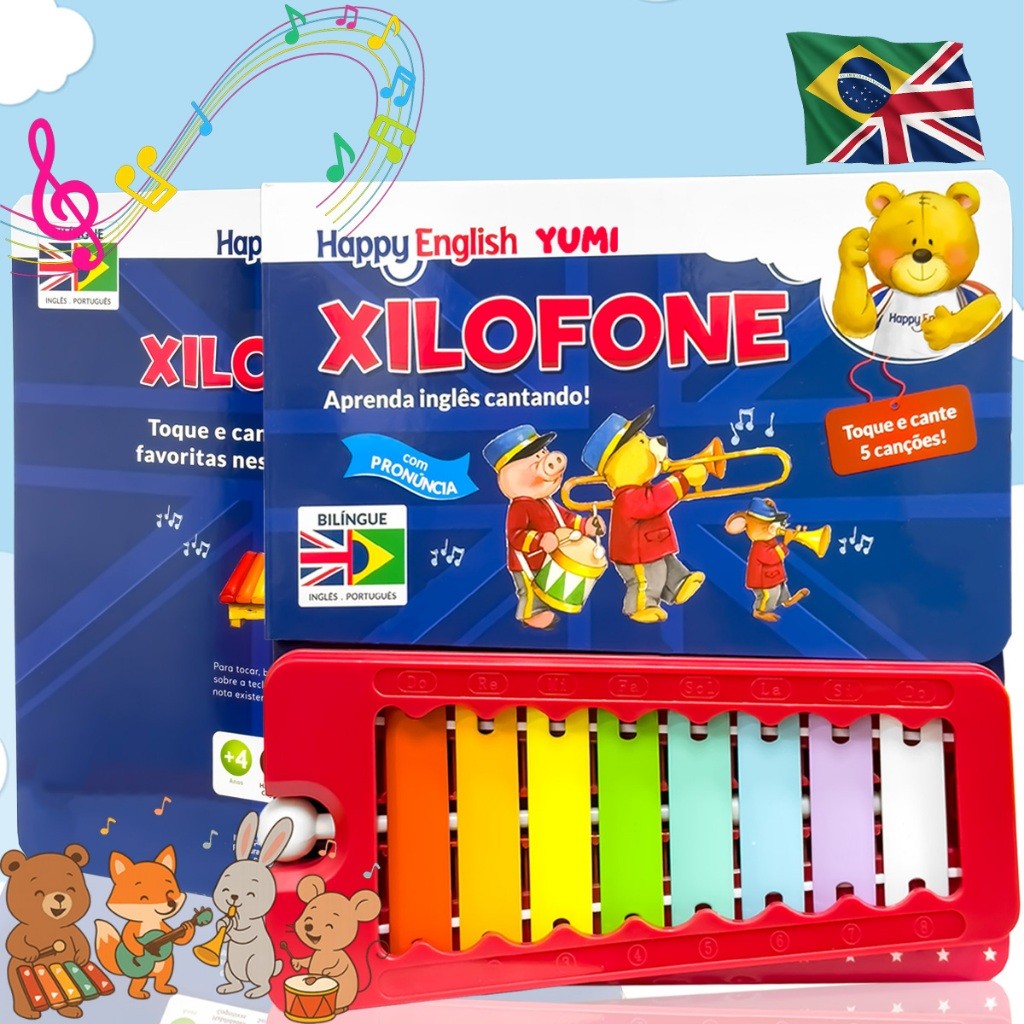 Livro Musical Infantil Aprenda Inglês Cantando | Com Xilofone | Livro Educativo Coordenação Musicoterapia