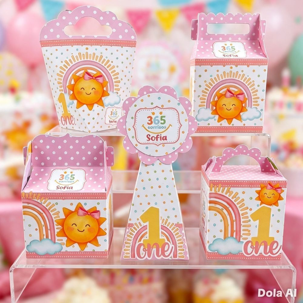 Kit Festa Caixinhas PRIMEIRA VOLTA AO SOL ROSA  lembrancinhas personalizadas para aniversario infantil decoração mimos