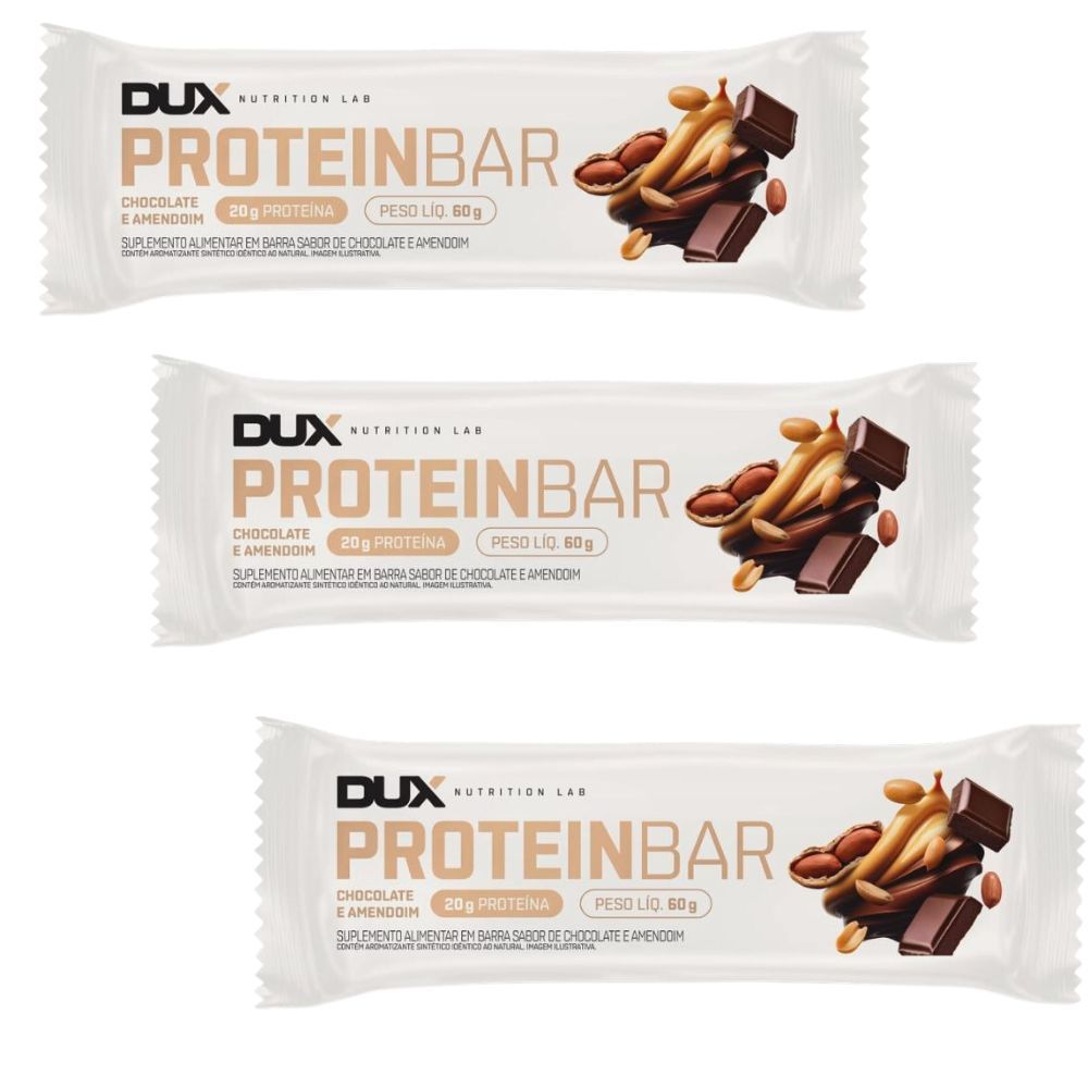 Kit 3 Barra de Proteína Dux Proteibar Chocolate e Amendoim 20g de Proteína com 60g
