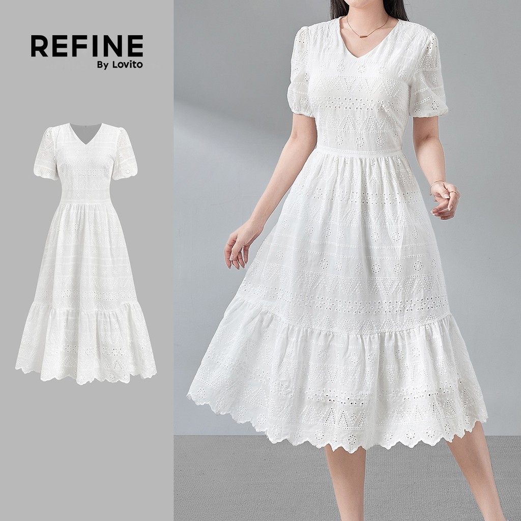 (Refine by Lovito) Vestido Casual Bordado Ilhós Primavera Verão Branco Feminino