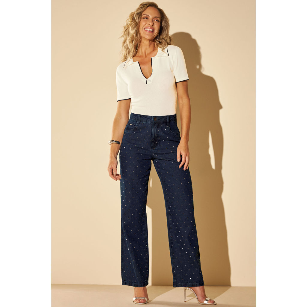 Calça Jeans Feminina Reta Strass Marialícia Azul