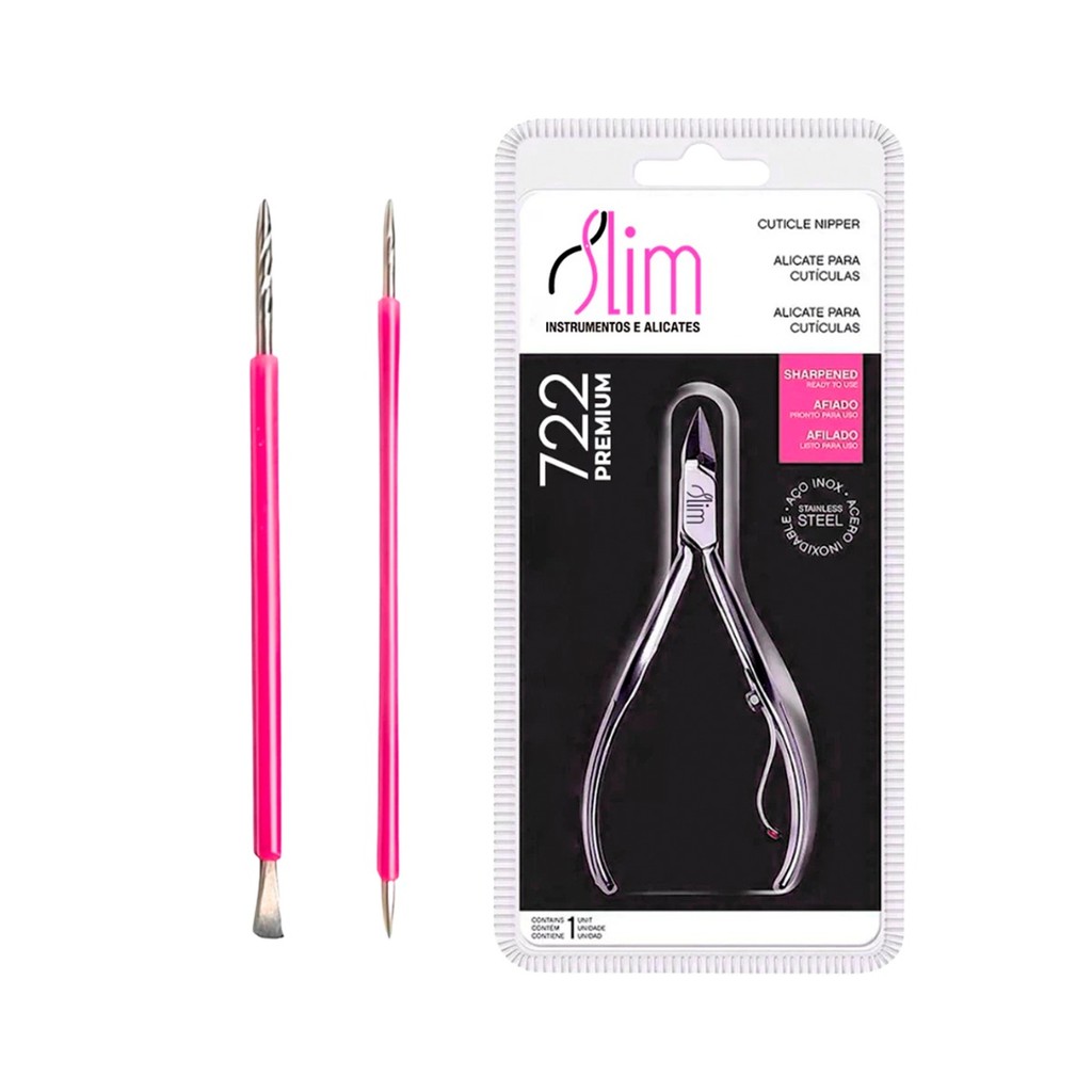 Kit Manicure Premium Alicate de Cutícula + Palito + Espátula Mista Aço Inox com Silicone Rosa