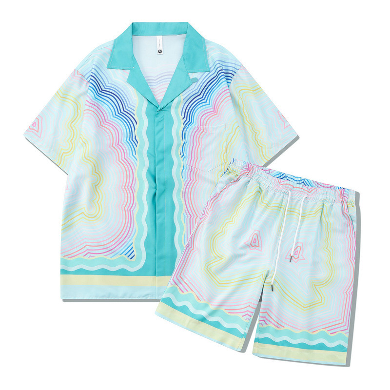 [Novo produto] Cavalheiro retrô Casual camisa de praia Shorts conjunto impressão Digital costa oeste camisa solta de man