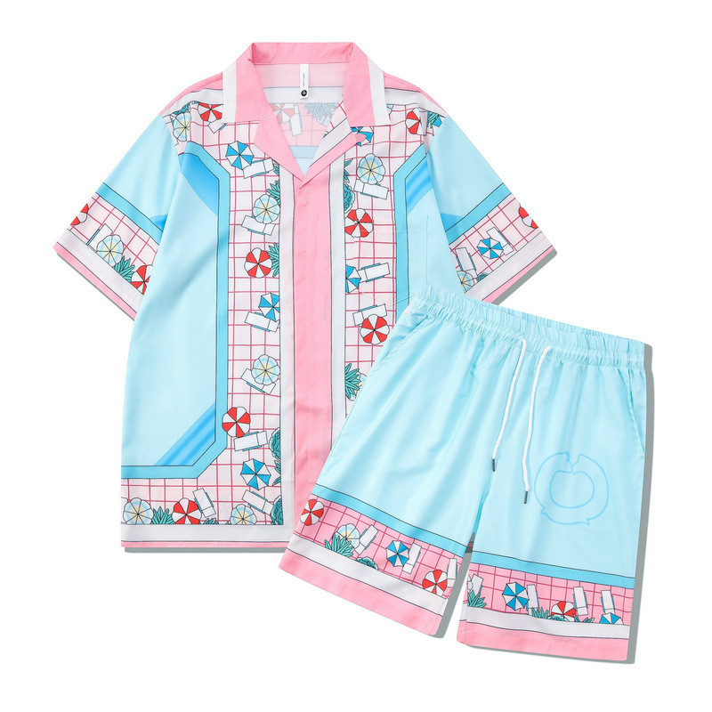 [Novo produto] Cavalheiro Retro Cor Combinando Impressão Digital Camisa Casual Solta Shorts de Praia Cardigan Conjunto M