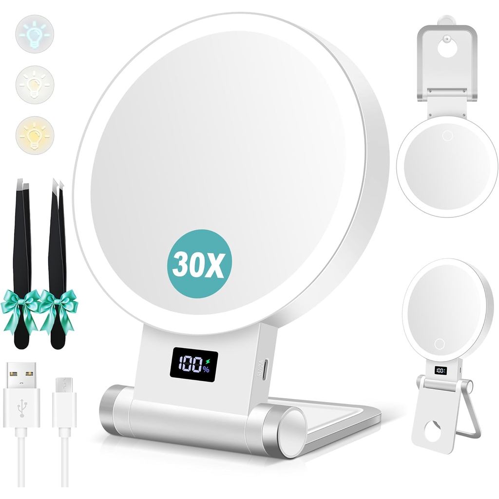 Espelho de Maquiagem com Luz BPlanet, 30, 2000mAh, Ampliação de 1/30, com Base Estável e Pinça, 3 Modos de Cor com Brilh