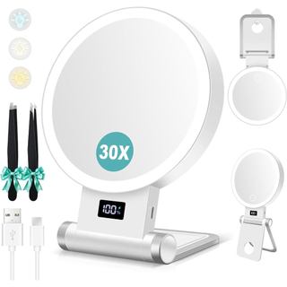 Espelho de Maquiagem com Luz BPlanet, 30, 2000mAh, Ampliação de 1/30, com Base Estável e Pinça, 3 Modos de Cor com Brilh