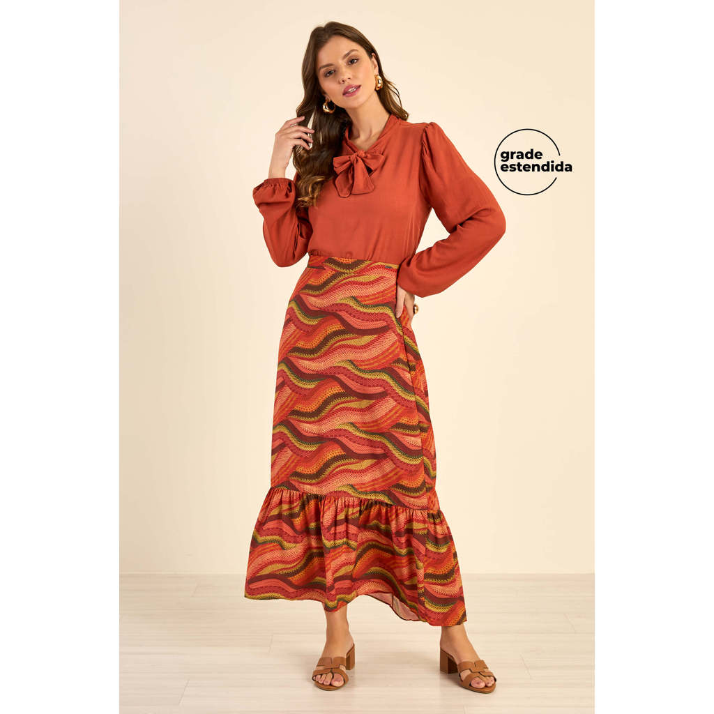 Saia Feminina Midi Babado Abstrata Marialícia Rosa