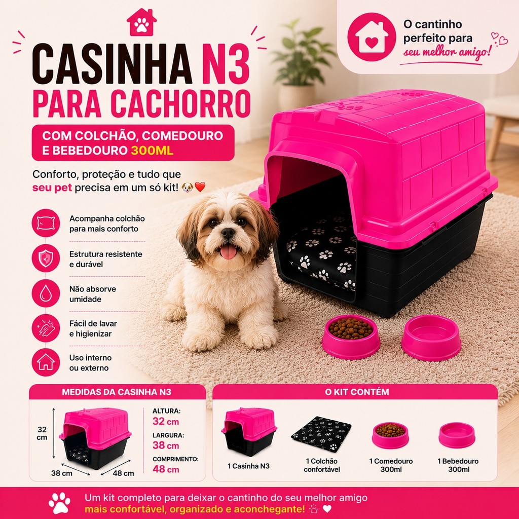 Casinha De Cachorro Com Caminha Confotável com Comedouro e Bebedouro Casa Para Cães Premium N3