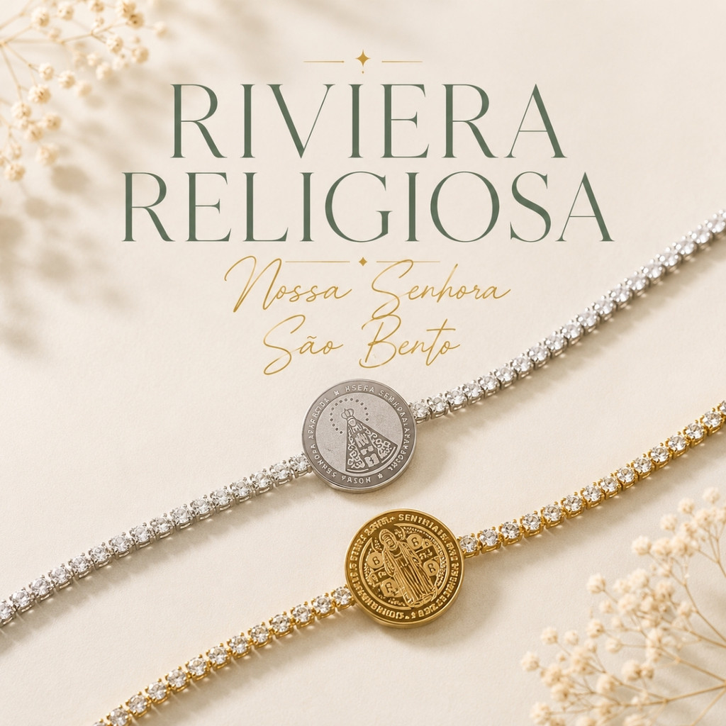Pulseira Religiosa Riviera Feminina Nossa Senhora Aparecida e São Bento Aço Inox com Zircônias