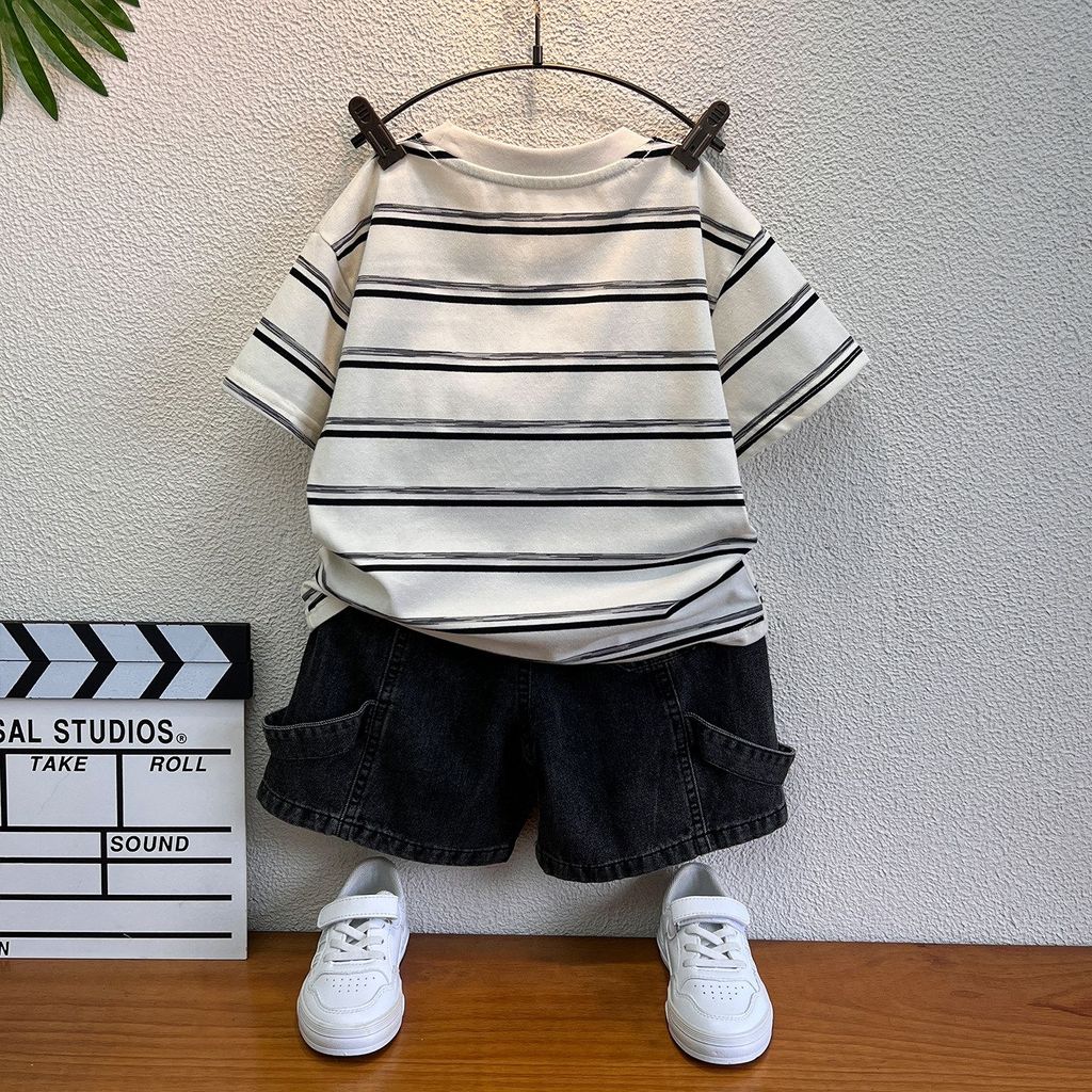 ❤❤ Meninos ternos meninos 2026 bebê camisetas listradas de manga curta bonito estilo ocidental crianças legal roupas bon