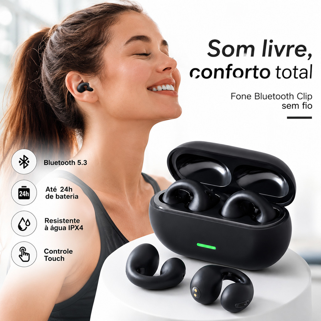 Fone Bluetooth 5.3 Clip Sem Fio 24h Touch Esportivo IPX4 Som HD