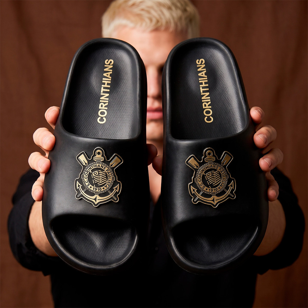 Chinelo Corinthians Preto e Dourado Slide Masculino Oficial