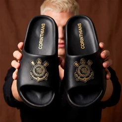 Chinelo Corinthians Preto e Dourado Slide Masculino Oficial
