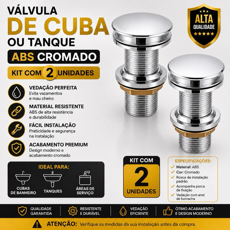Kit 2 Válvula Click Cromada Abs Tanque e Cuba