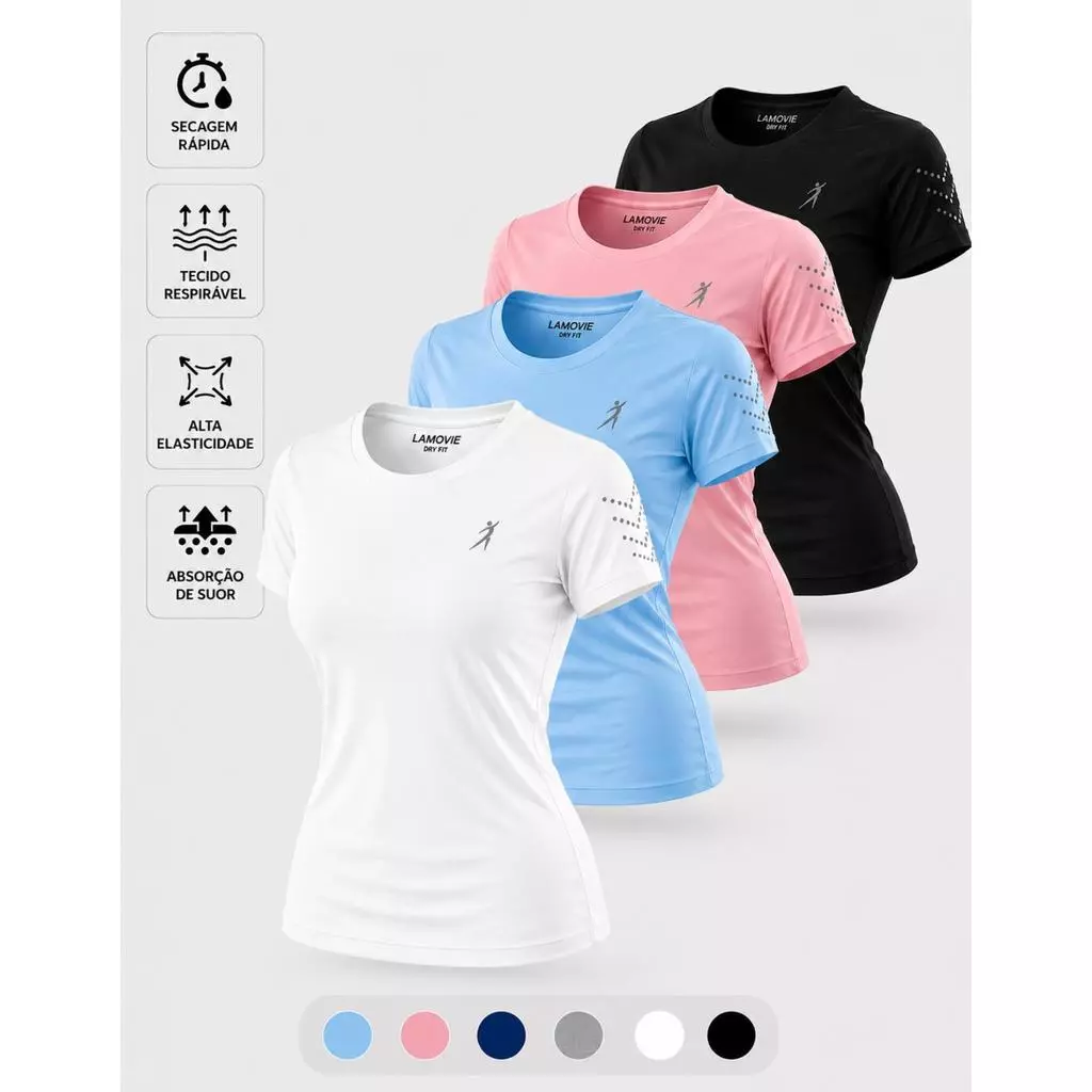 Kit 4 Camisetas Dry Fit Slim Fit Feminina Baby Look Fitness Academia Treino Verão 2026 Lamovie — imagem 1