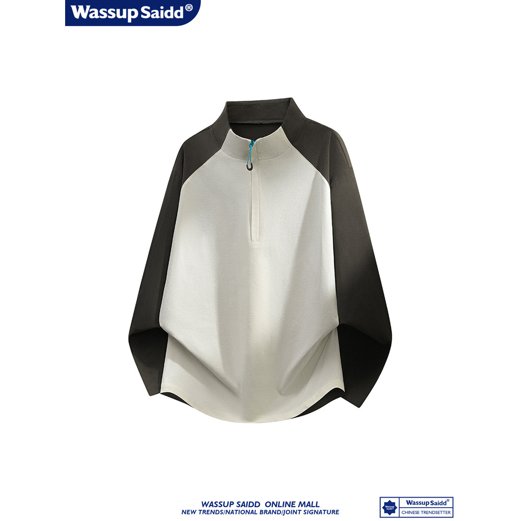 WASSUP SAIDD Americano Novo Estilo Primavera Outono Contraste Cor Meio Zíper Camiseta de Manga Comprida Masculina Solta 
