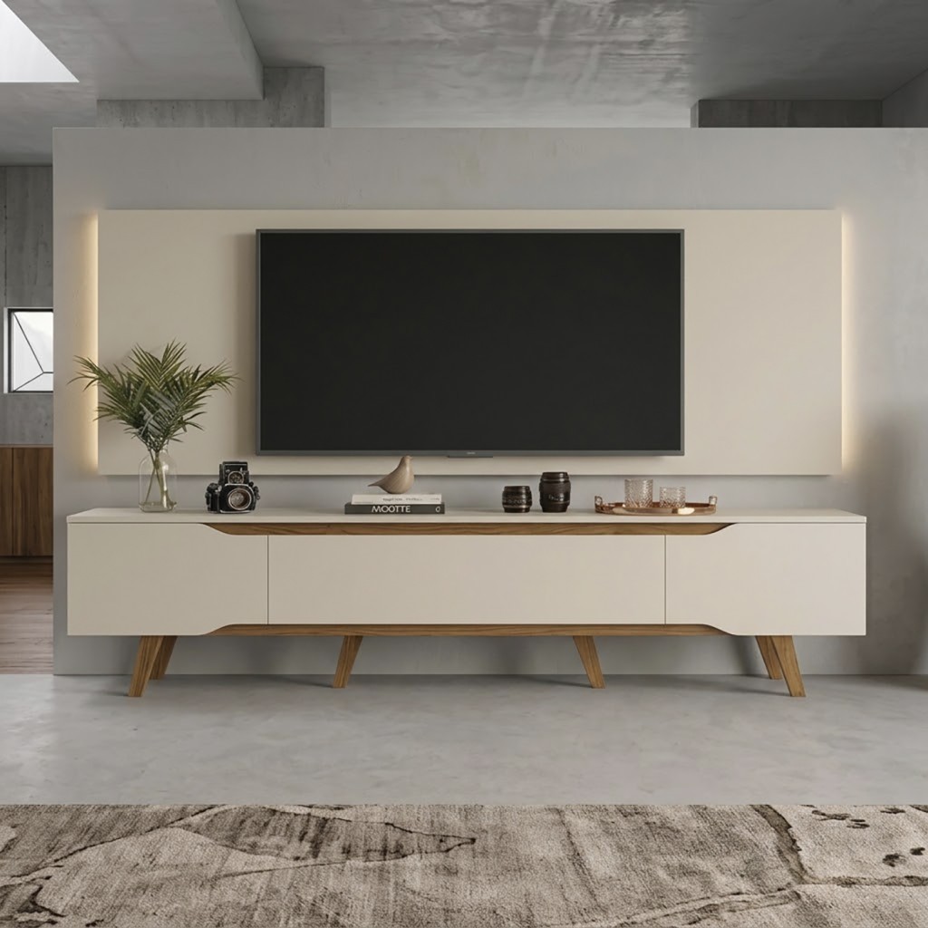 Rack Retrô com Painel para TV até 70 Polegadas com LED 2,20m Shop - Off White/Off White