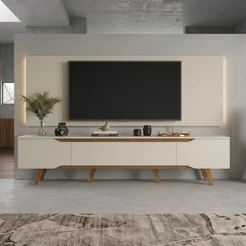 Rack Retrô com Painel para TV até 70 Polegadas com LED 2,20m Shop - Off White/Off White