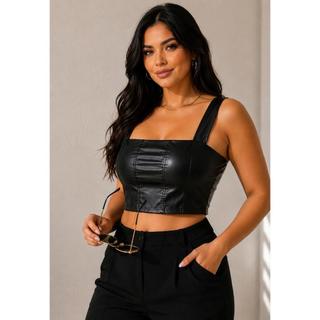 Cropped Feminino Alcinha Grossa Courino Couro com Bojo Ziper nas costas