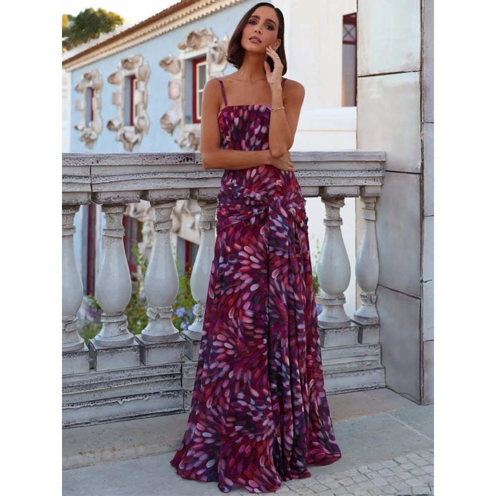 Vestido Feminino Estampado Sem Mangas Costas Com Cinto Zíper Plissado Estilo Elegante Para Festa Casual Ocasião SSS20260