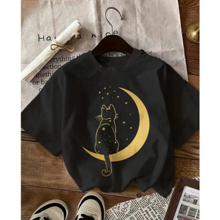 Camiseta Feminina Casual Puro Algodão Com Estampa De Gato Lua Crescente Dourada E Estrelas