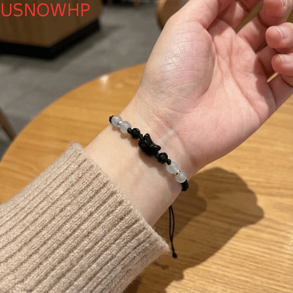 Pulseira De Casal USNOWHP , Fofa De Tecido De Coelho Preto E Branco Gato Com Contas De Obsidiana De Pedra Da Lua