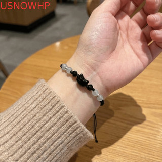 Pulseira De Casal USNOWHP , Fofa De Tecido De Coelho Preto E Branco Gato Com Contas De Obsidiana De Pedra Da Lua