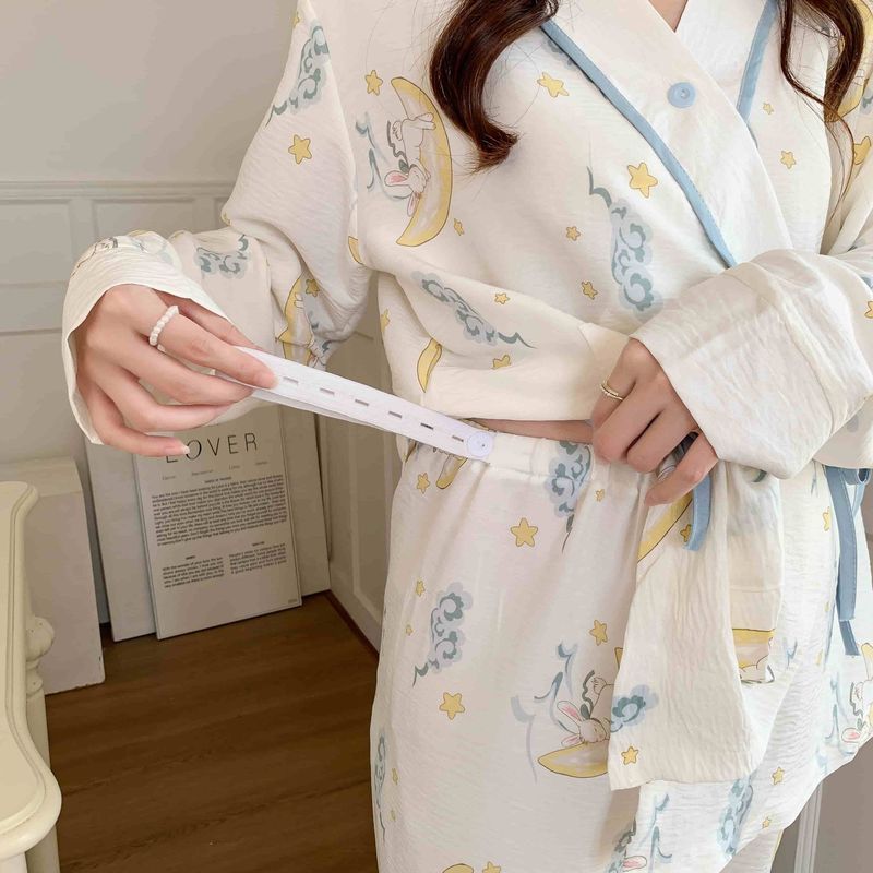 [Ting Fei] Roupas de confinamento Verão Estilo Fino Produção Kimono Laced-Up Terno Amamentação 7 de junho Primavera Outo