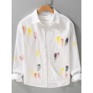 Camisa masculina de manga comprida de algodão puro outono Graffiti impresso camisa branca masculina primavera outono wea