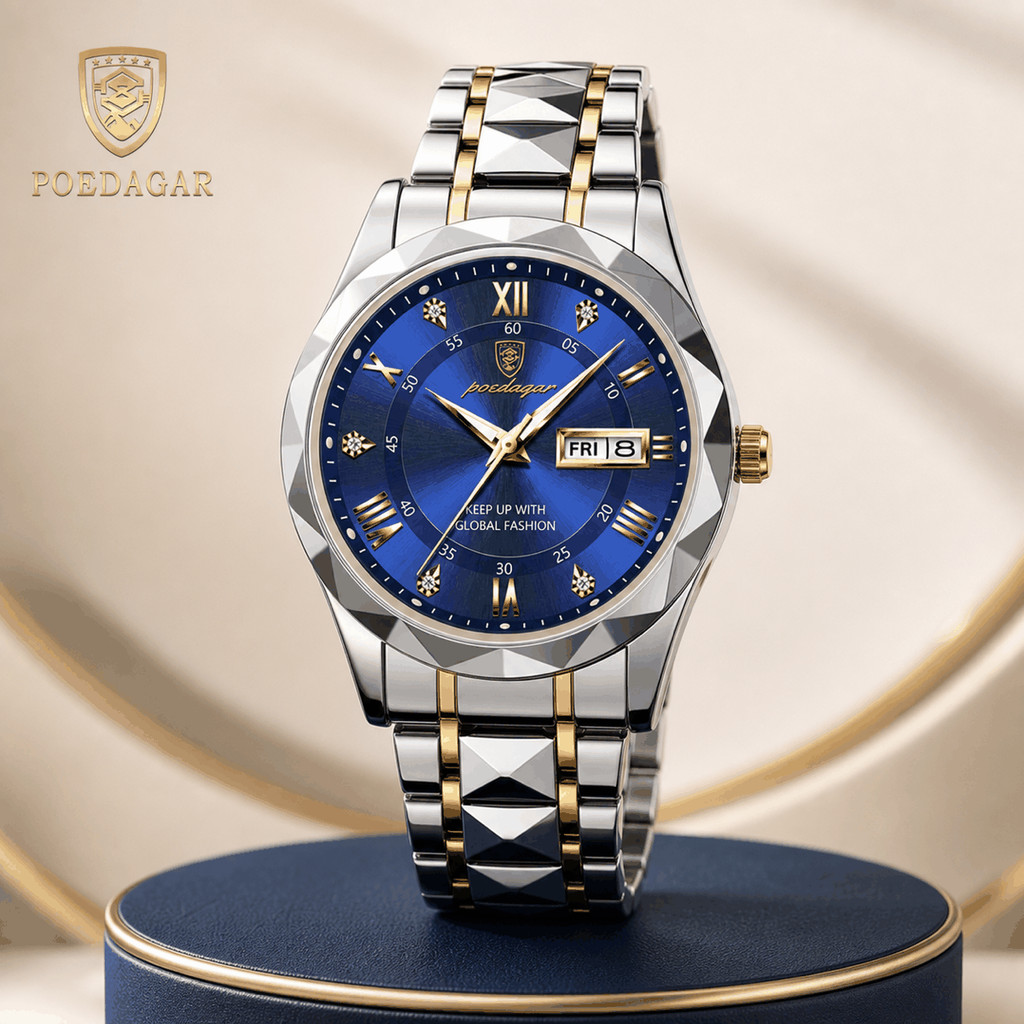 Relógio Masculino POEDAGAR 615 Luxo Aço Inoxidável Quartzo Calendário Semana Data Luminoso 30M Negócios