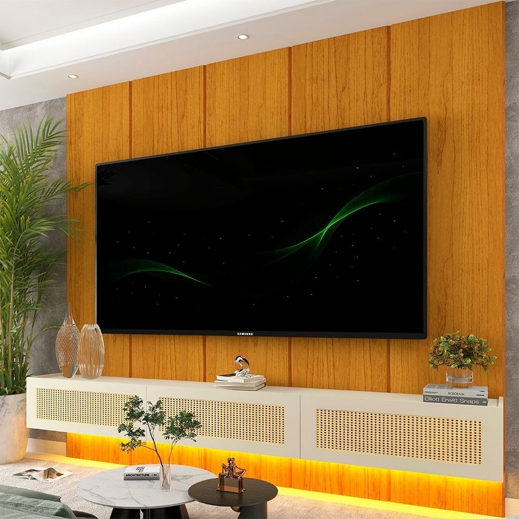 Estante para TV e Home Theater até 90 Polegadas com LED 100% MDF 222,5CMX250CM LED Realce Native Naturale/Off White