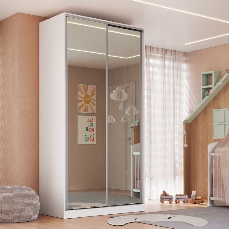 Guarda-Roupa Infantil 2 Portas de Correr 2 com Espelho 3 Gavetas Domus Branco Branco