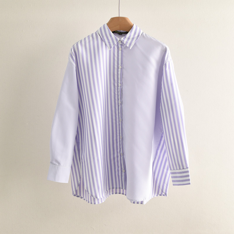 Camisa listrada de manga comprida estilo viajante feminina primavera estilo fino europeu americano comércio exterior sol
