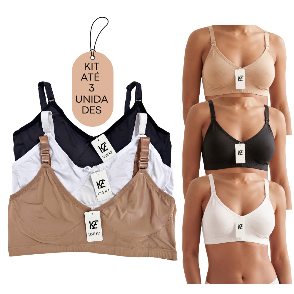 Kit 3 Sutiãs Alta Sustentação Sem Bojo Reforçado Alça Com Regulagem Feminino CORES NEUTRAS