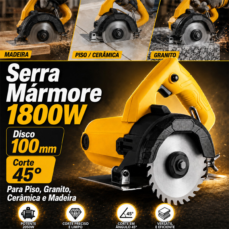 Serra Mármore 1800W Com Disco 100mm 45 ° Corte Para Piso , Granito , Cerâmica E Madeira