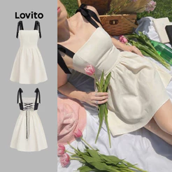 Lovito Vestido Elegante Casual Com Blocos De Cor Drapeado Branco Gelo Primavera/Verão Para Mulheres L200AD193
